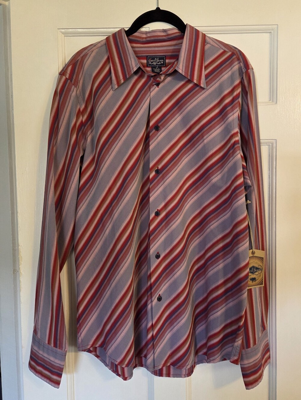 100% Cotton Earl Jeans Diagonal Red and Blue Striped Button-Down Shirt